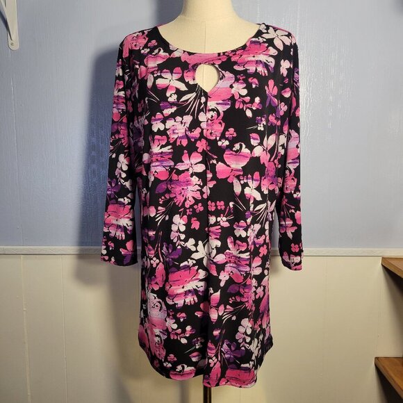 Cristopher & Banks Large Bright Pink Purple Floral Keyhole Quarter Sleeve Blouse - Picture 1 of 10